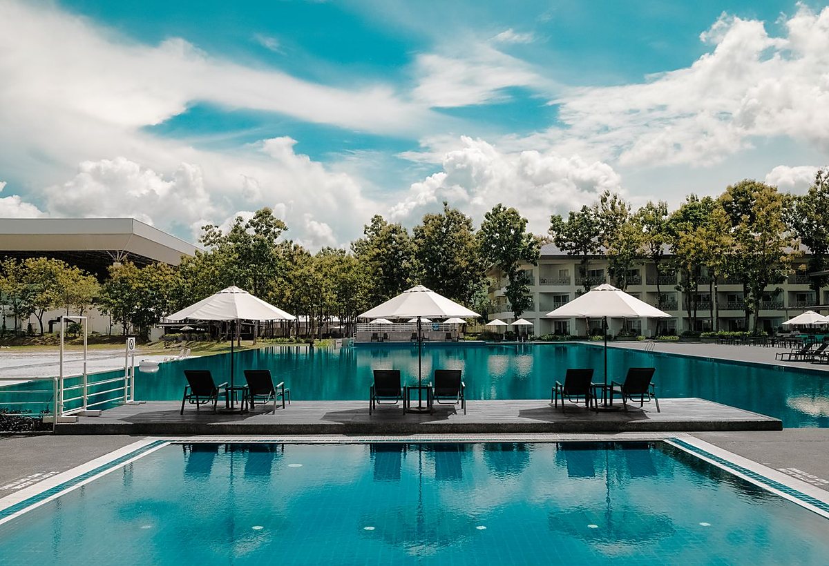 A clean, sparkling blue pool ready to swim in